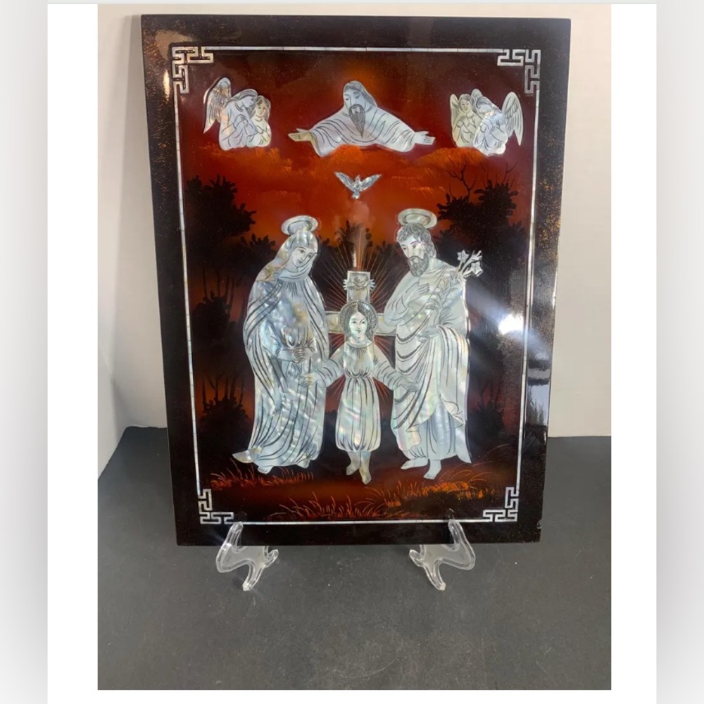 Vintage Mother-of-Pearl Inlaid Holy Family Lacquer Wall Art